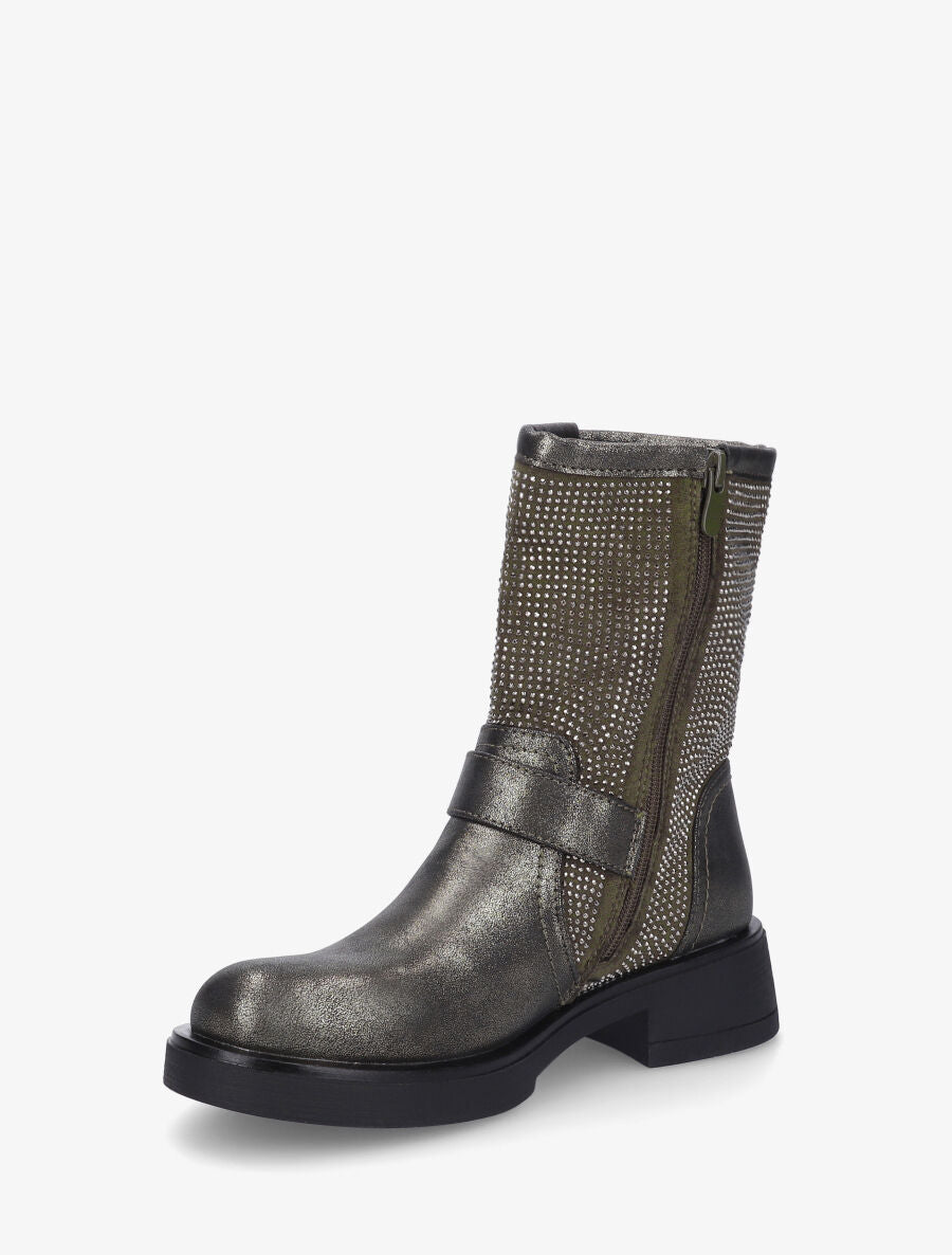 Bottines en simili strassées et sanglées - Kaki - 3
