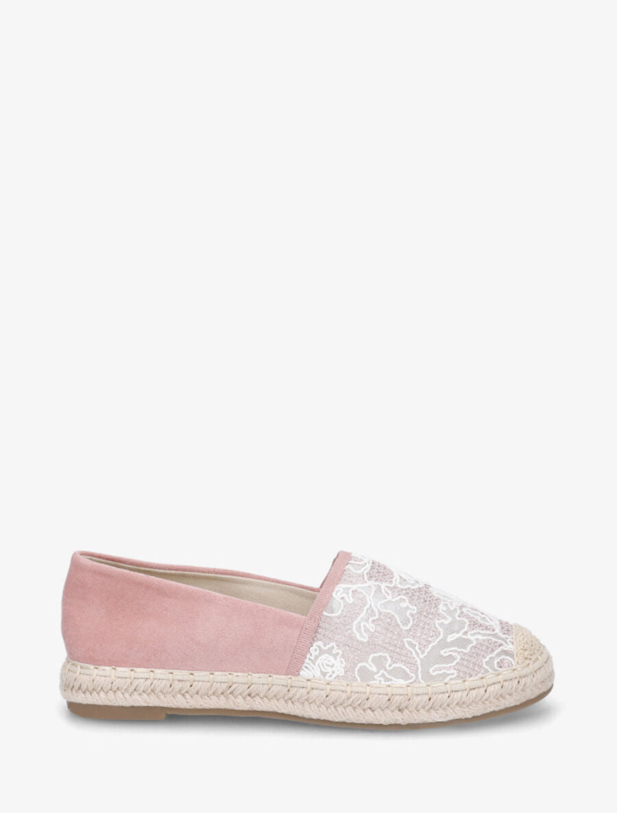 Espadrilles plates en suédine et dentelle - Rose - 1