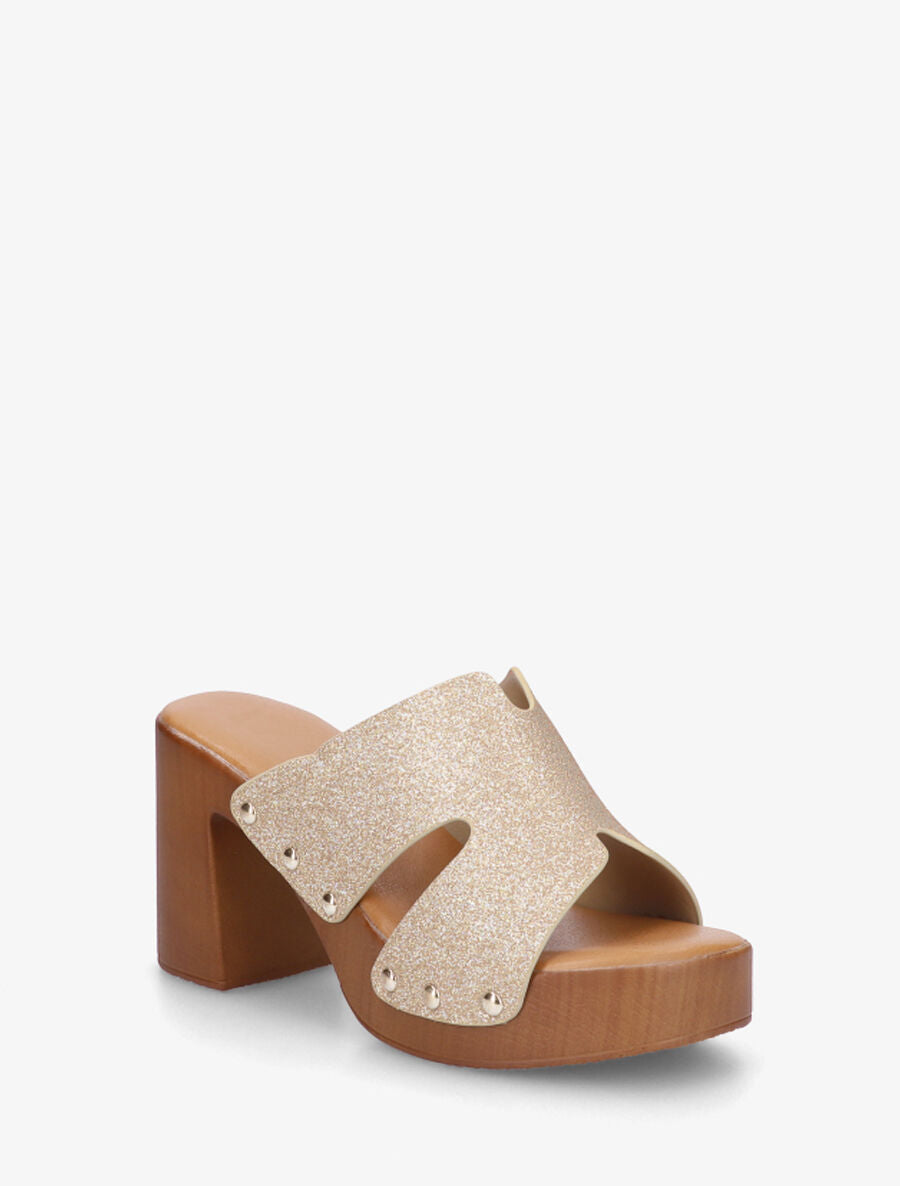 Mules à talon effet bois et ganse pailletée - Or - 2