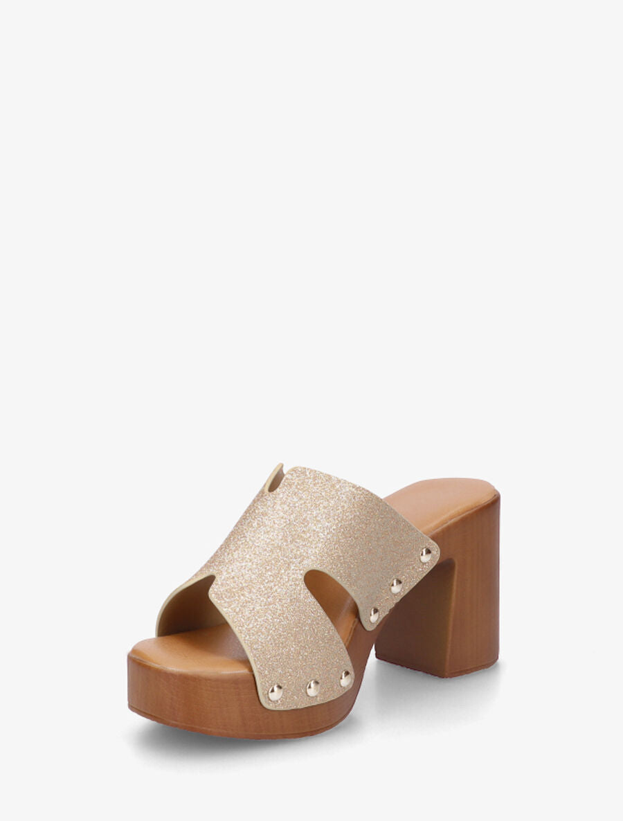 Mules à talon effet bois et ganse pailletée - Or - 3