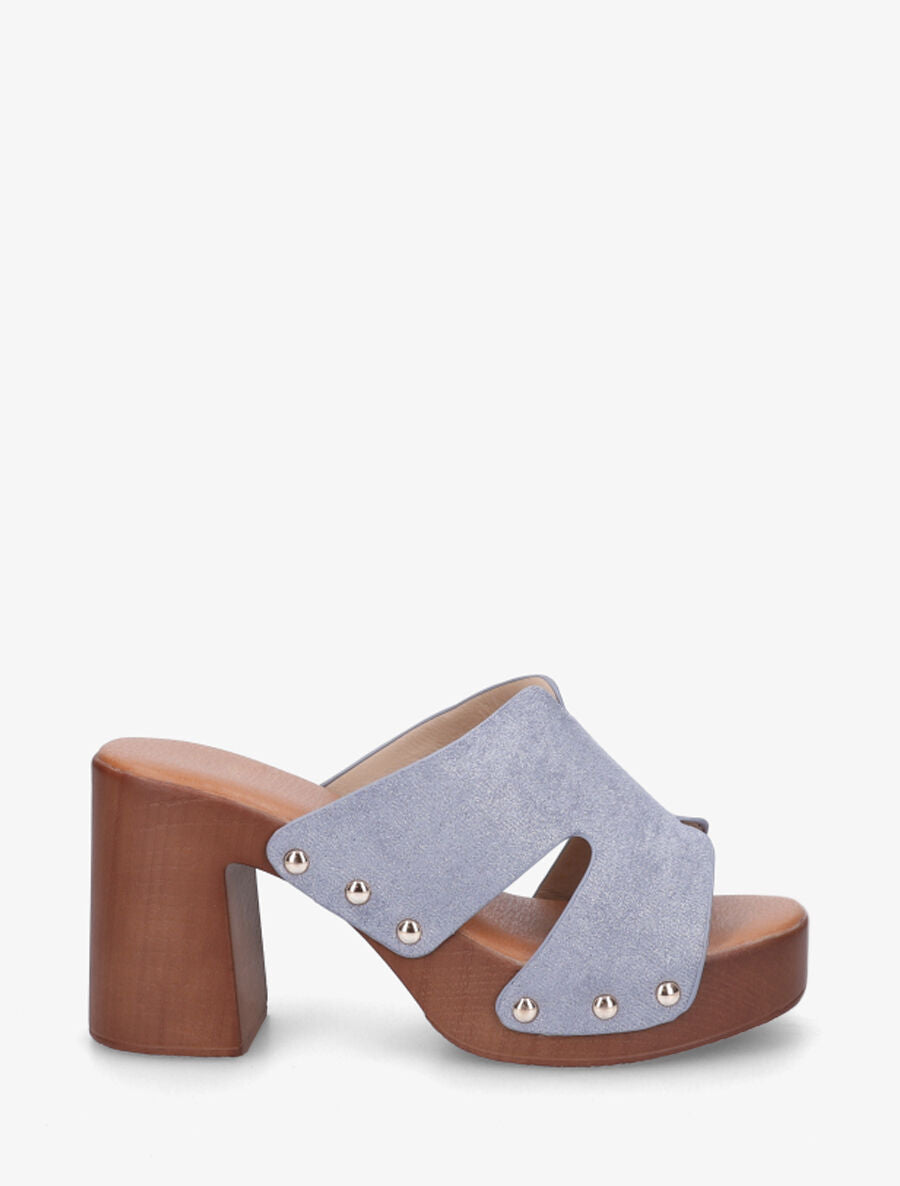 Mules à talon effet bois et ganse en suédine - Bleu - 1