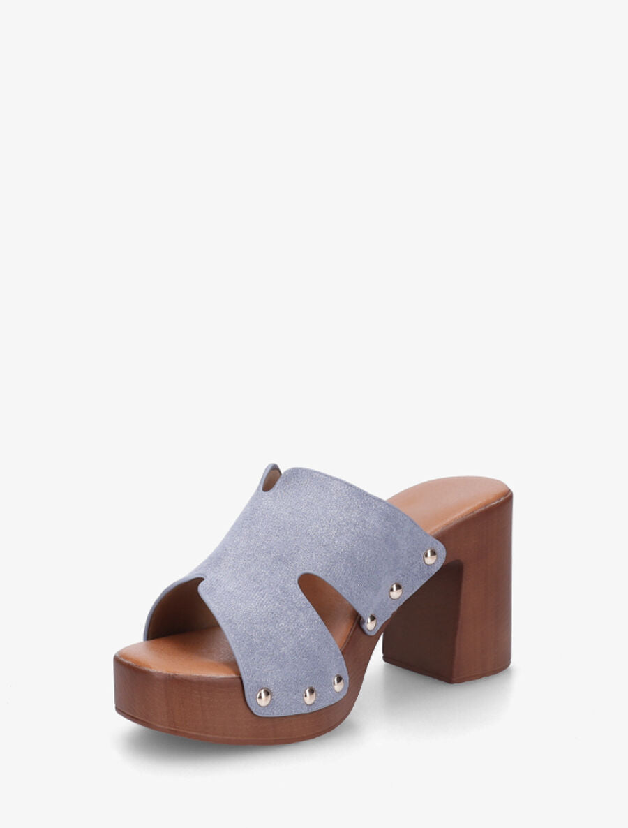 Mules à talon effet bois et ganse en suédine - Bleu - 3