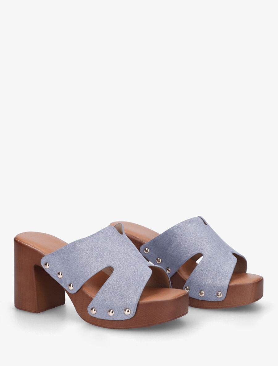 Mules à talon effet bois et ganse en suédine - Bleu - 4