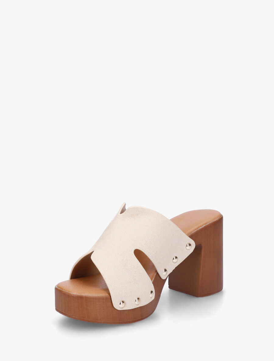 Mules à talon effet bois et ganse en suédine - Beige - 3