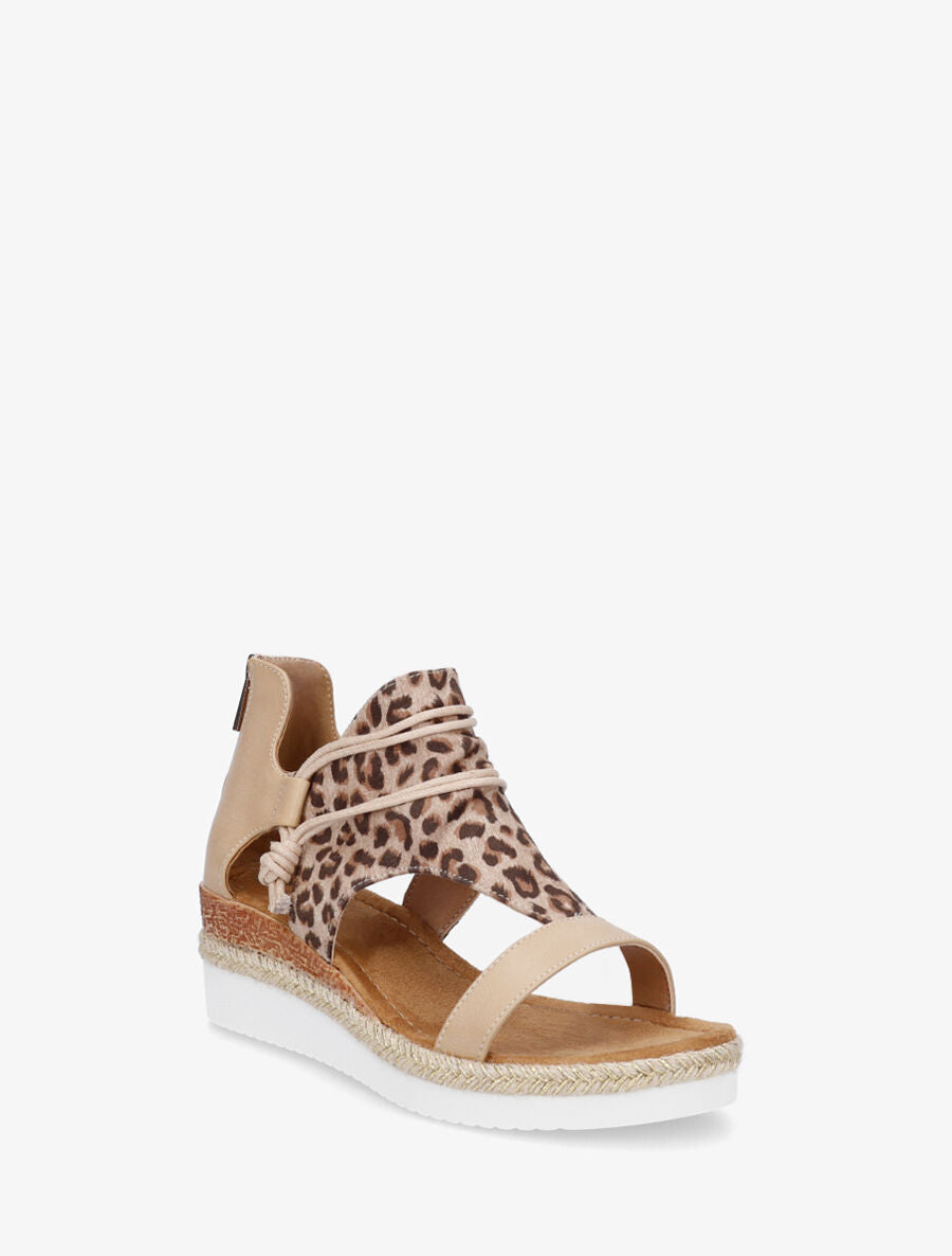 Sandales compensées imprimé léopard à liens - Beige - 2