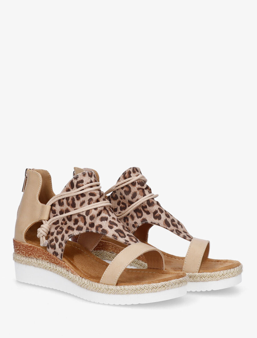 Sandales compensées imprimé léopard à liens - Beige - 4