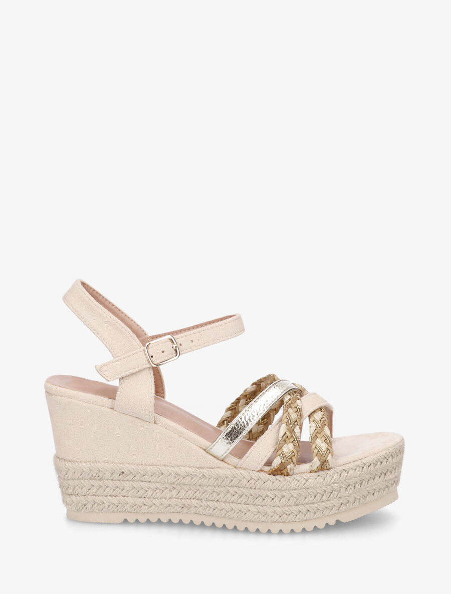 Sandales compensées en suédine et raphia - Beige - 1