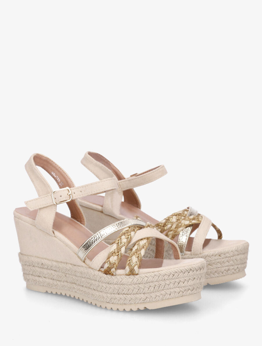 Sandales compensées en suédine et raphia - Beige - 4