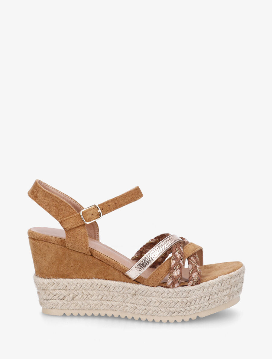 Sandales compensées en suédine et raphia - Camel - 5