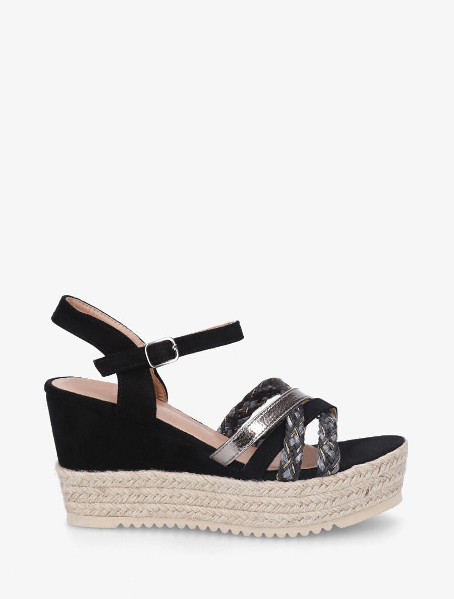 Sandales compensées en suédine et raphia - Noir - 1