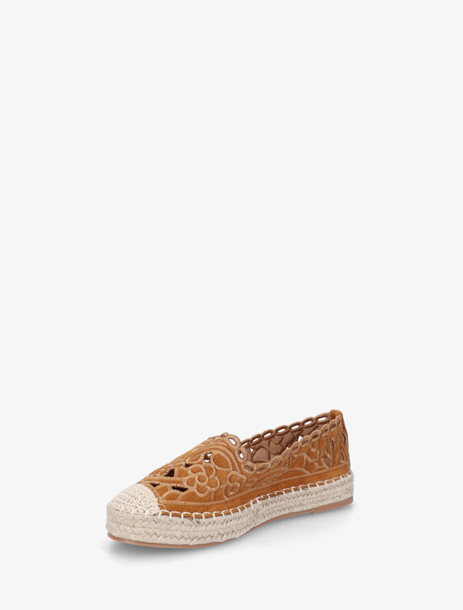 Espadrilles plates en suédine motif floraux - Camel - 3