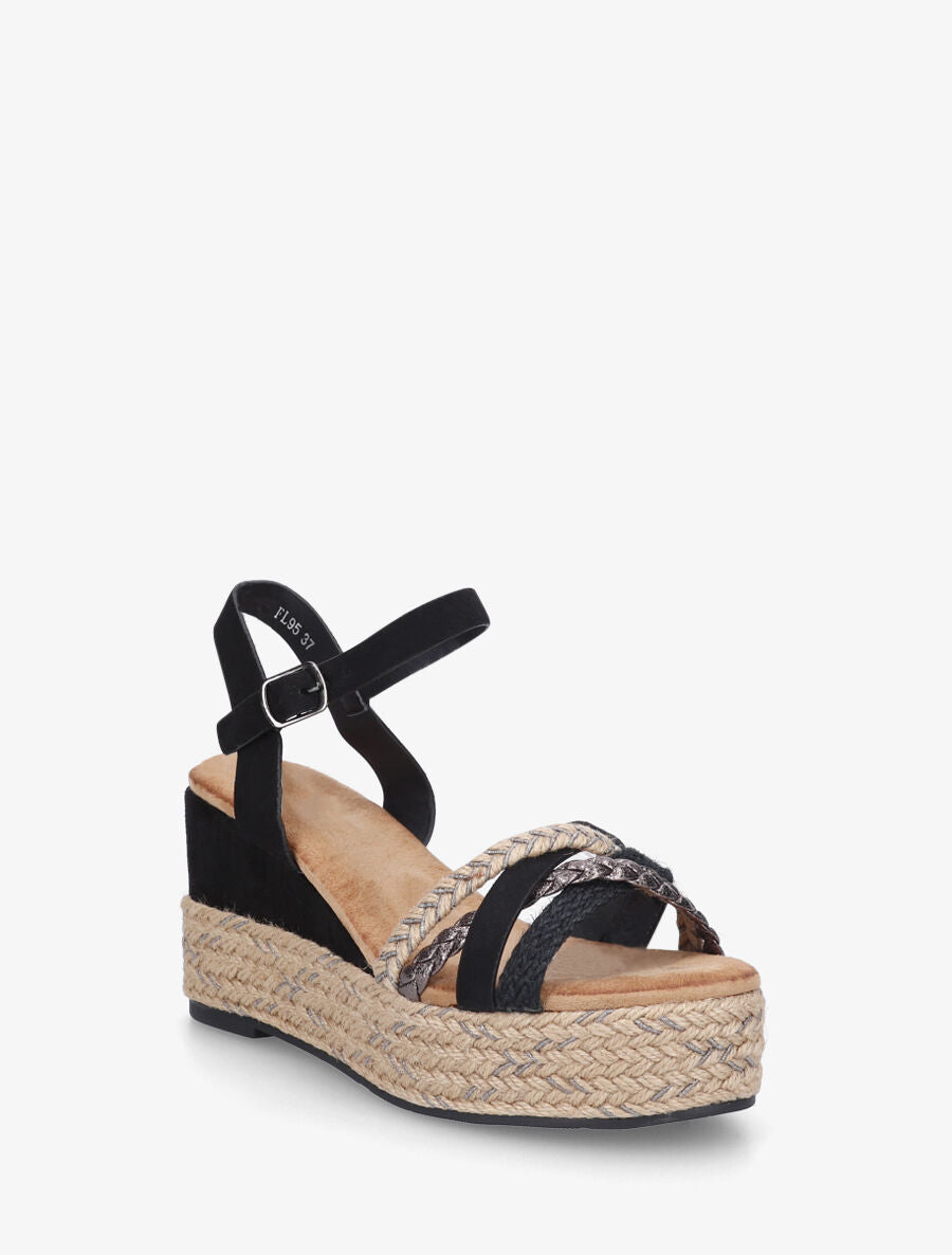 Sandales compensées en raphia et simili tressés - Noir - 2