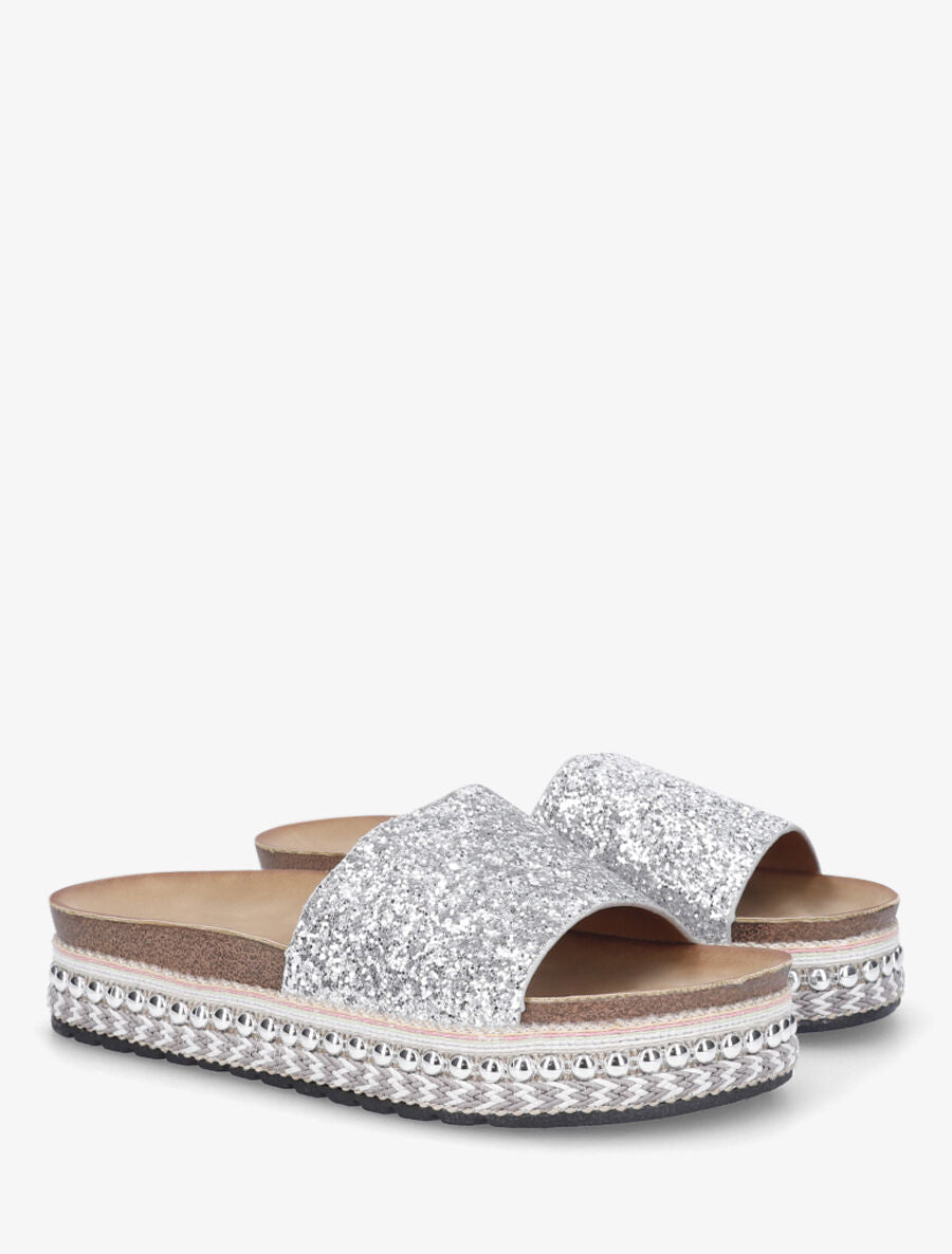 Mules à paillettes et semelle plateforme fantaisie - Argent - 4