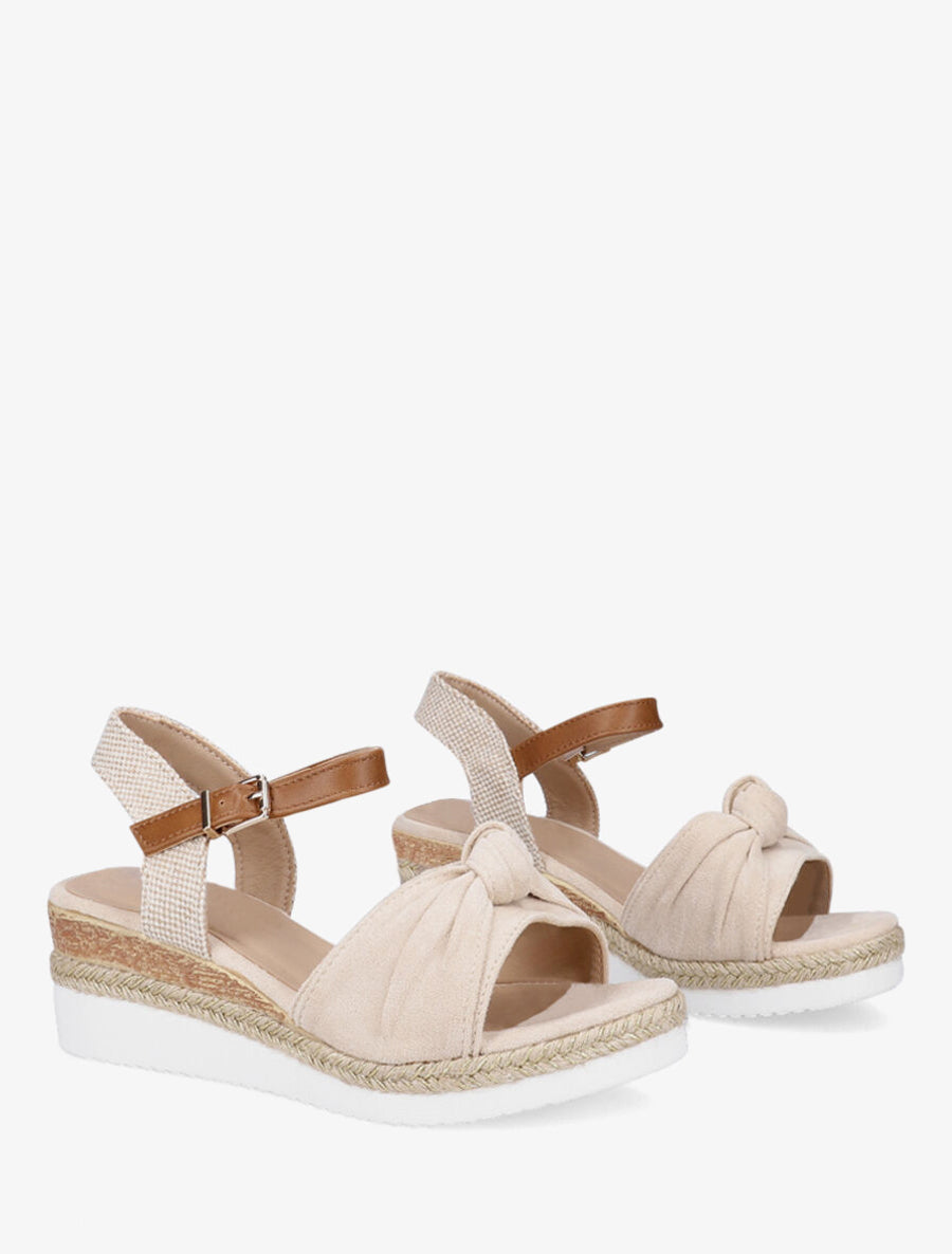 Sandales à noeud et talon compensé tressé - Beige - 4