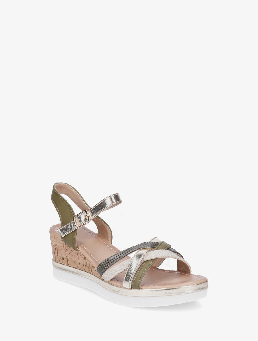 Sandales compensées à brides fantaisies - Kaki - 2