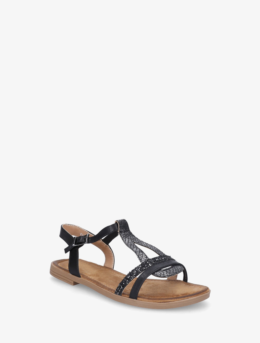 Nu-pieds en simili à brides effet python et pailleté - Noir - 2