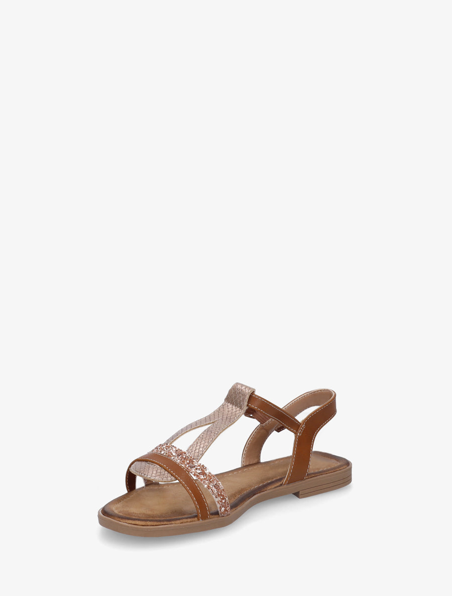 Nu-pieds en simili à brides effet python et pailleté - Camel - 3