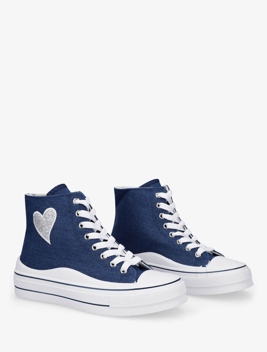 Tennis montantes motif coeur à paillettes - Bleu denim - 4