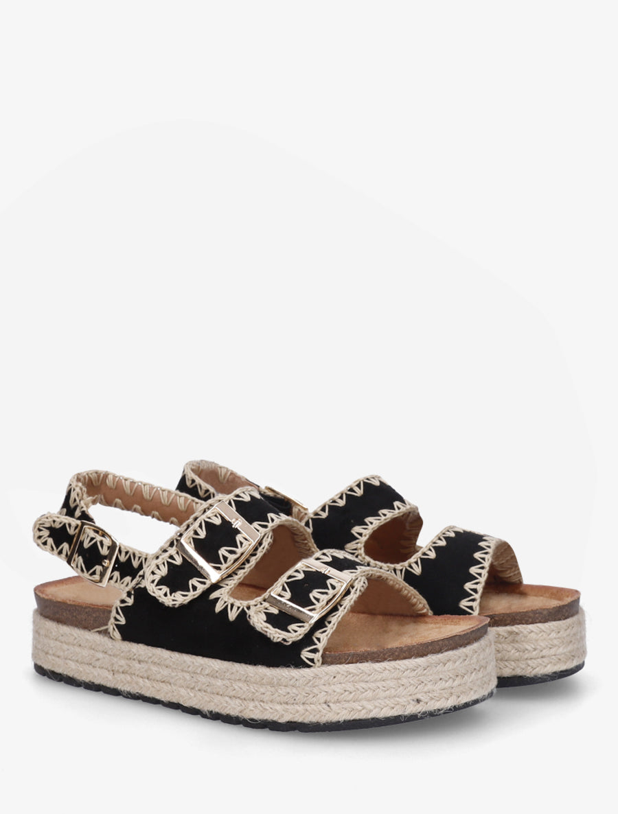 Claquettes à triple brides à plateforme en raphia - Noir - 4