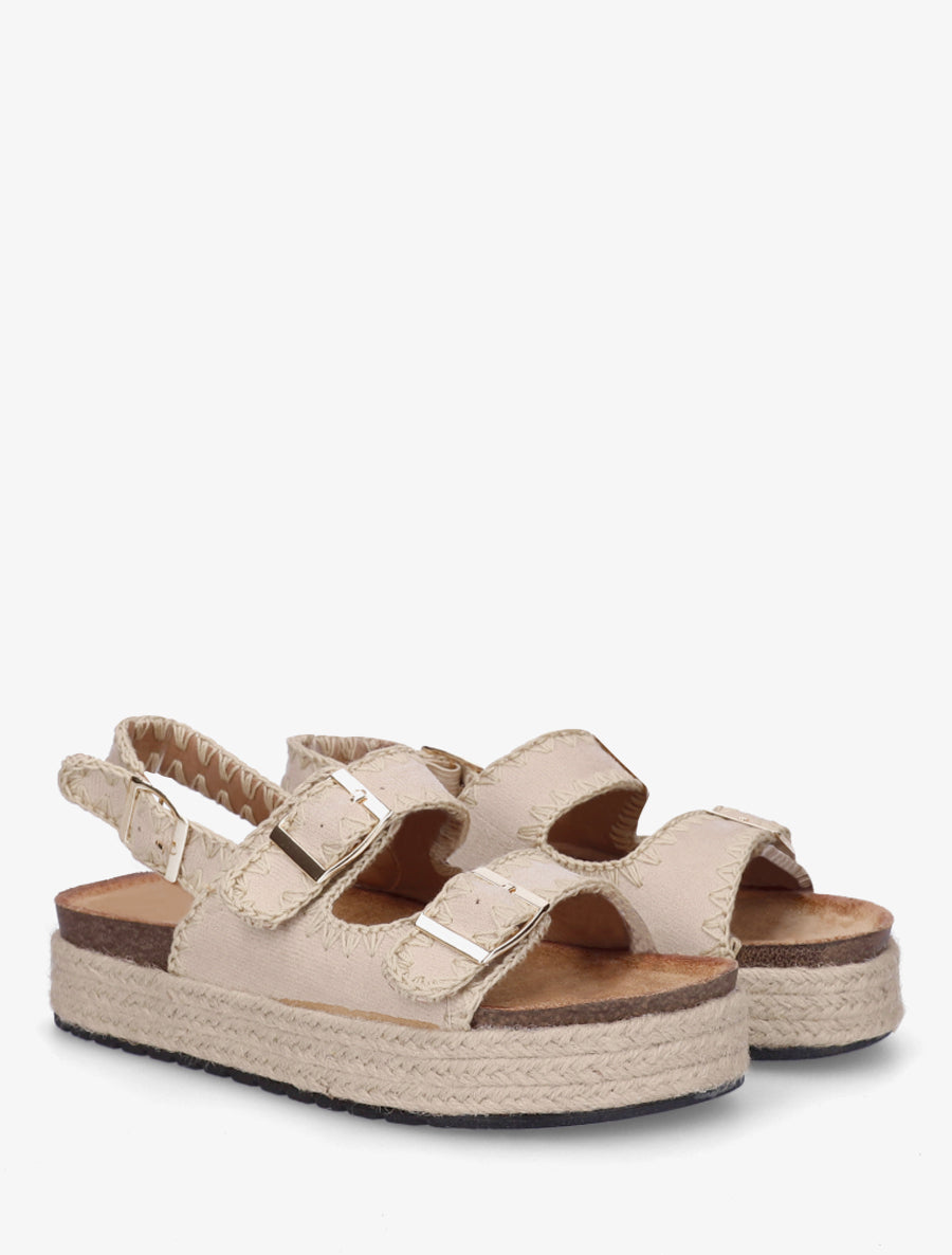 Claquettes à triple brides à plateforme en raphia - Beige - 4