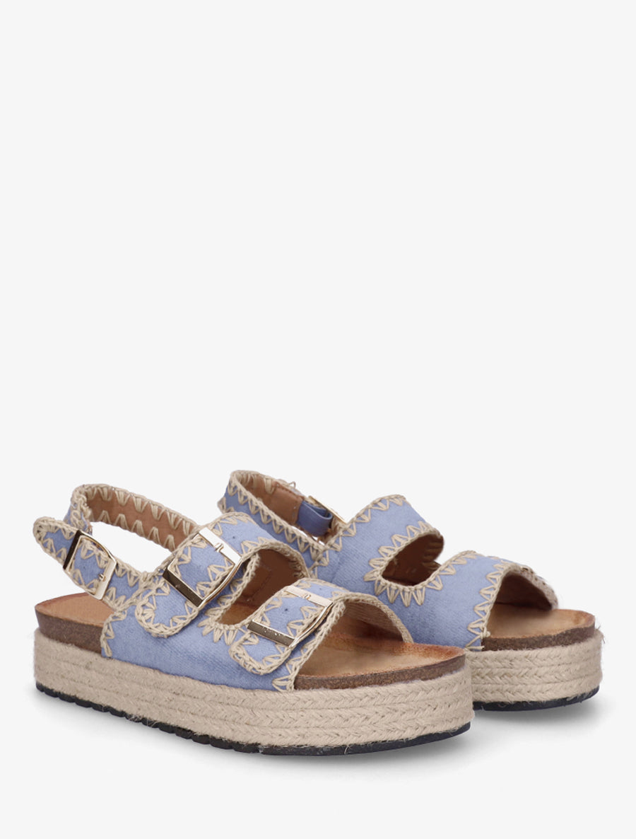 Claquettes à triple brides à plateforme en raphia - Bleu - 4