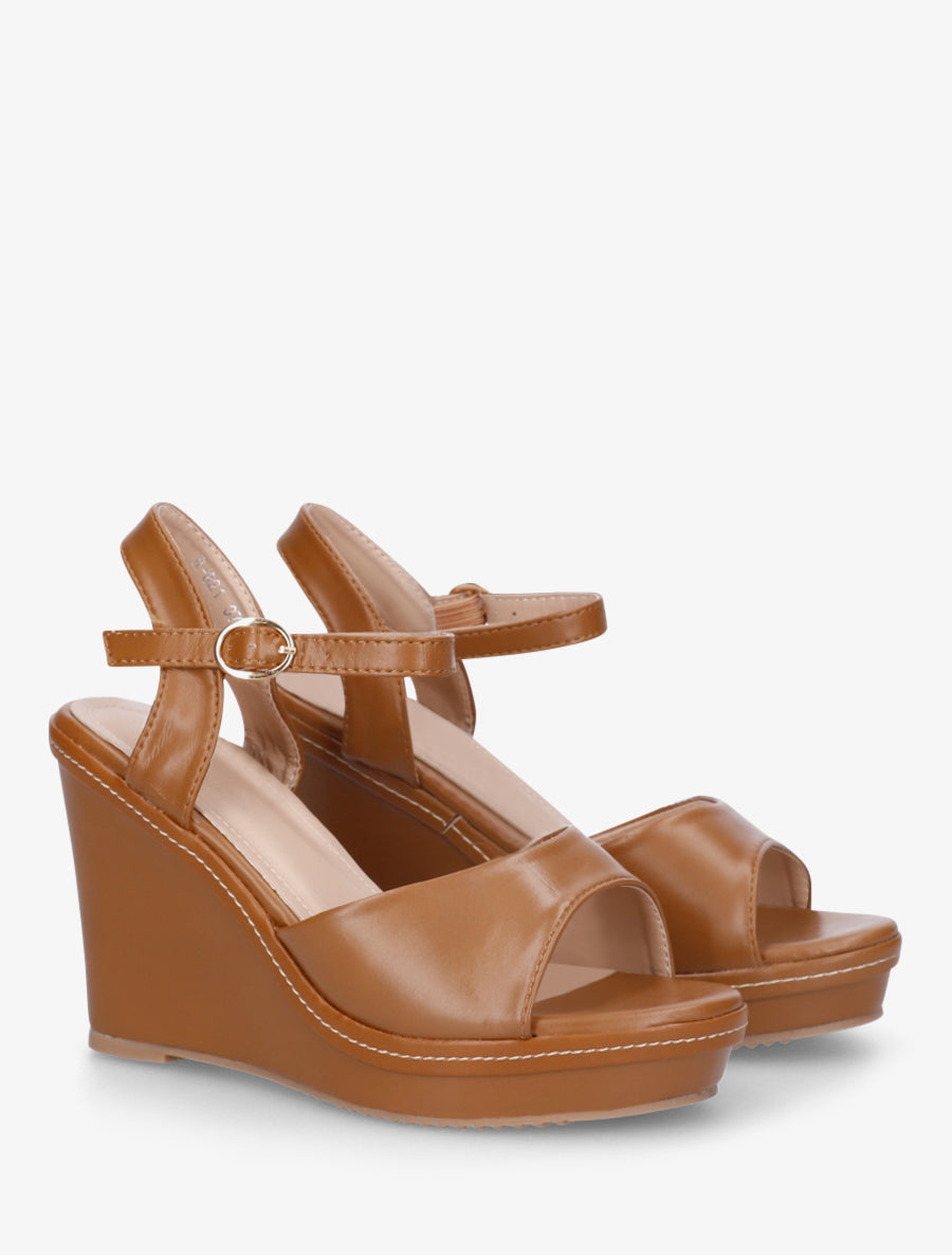 Sandales compensées en simili - Camel - 4