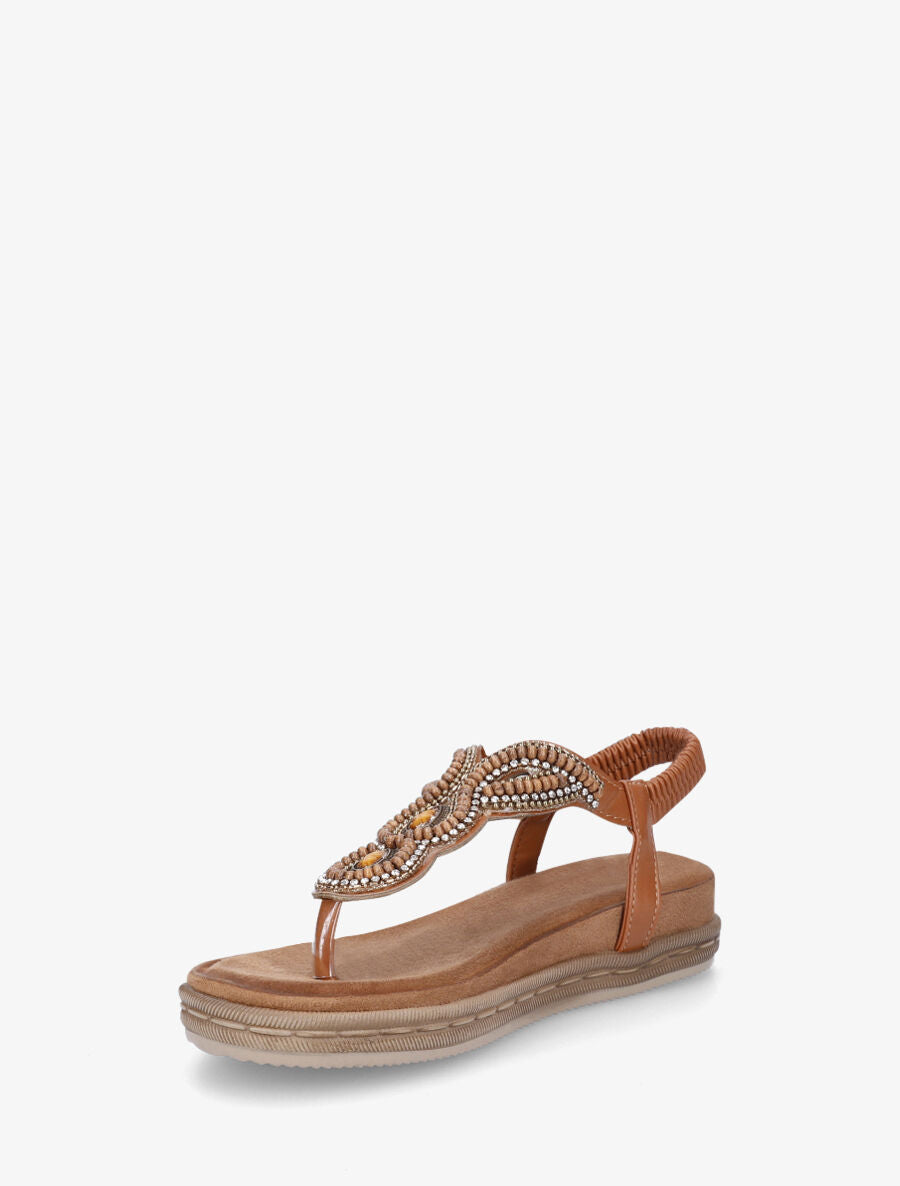 Nu-pieds à entredoigt et empiècement strass et perles - Camel - 3