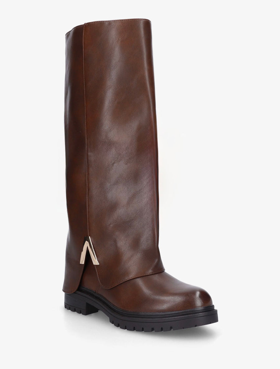 Bottes à revers en simili - Marron - 2