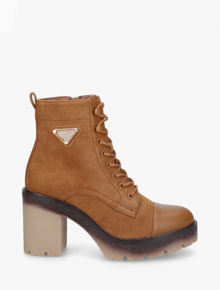 Bottines lacées en suédine et simili - Camel - 1