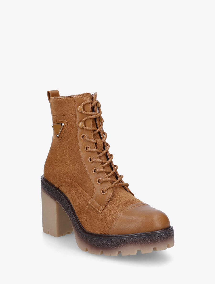 Bottines lacées en suédine et simili - Camel - 2