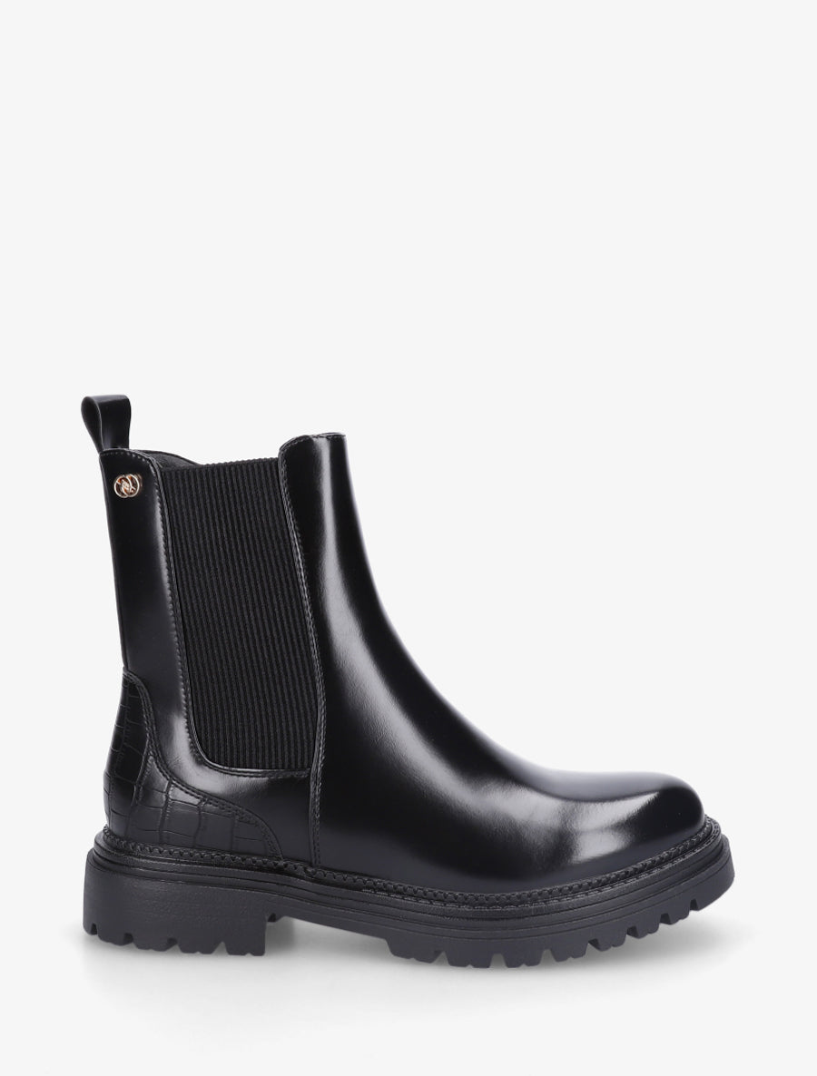Bottines brillantes à semelle crantée et contrefort croco - Noir - 1