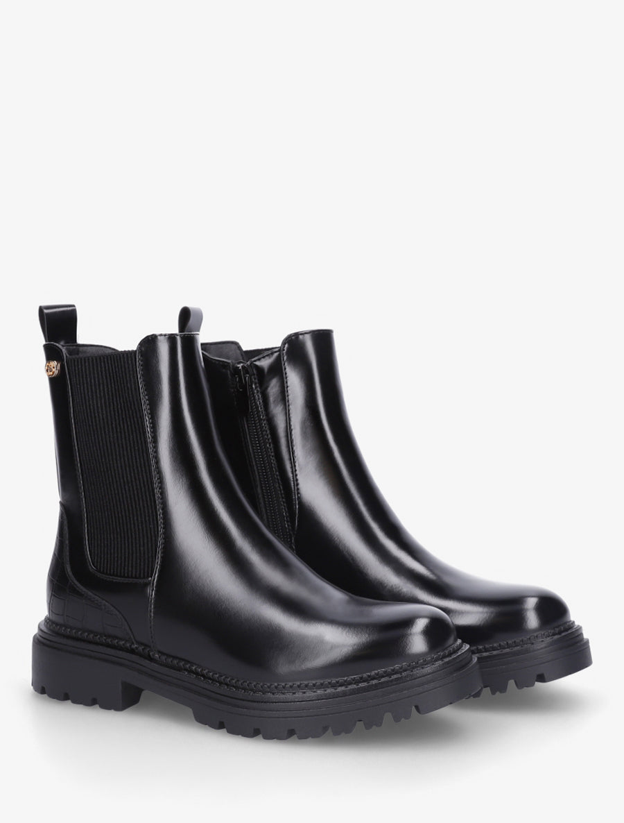 Bottines brillantes à semelle crantée et contrefort croco - Noir - 4