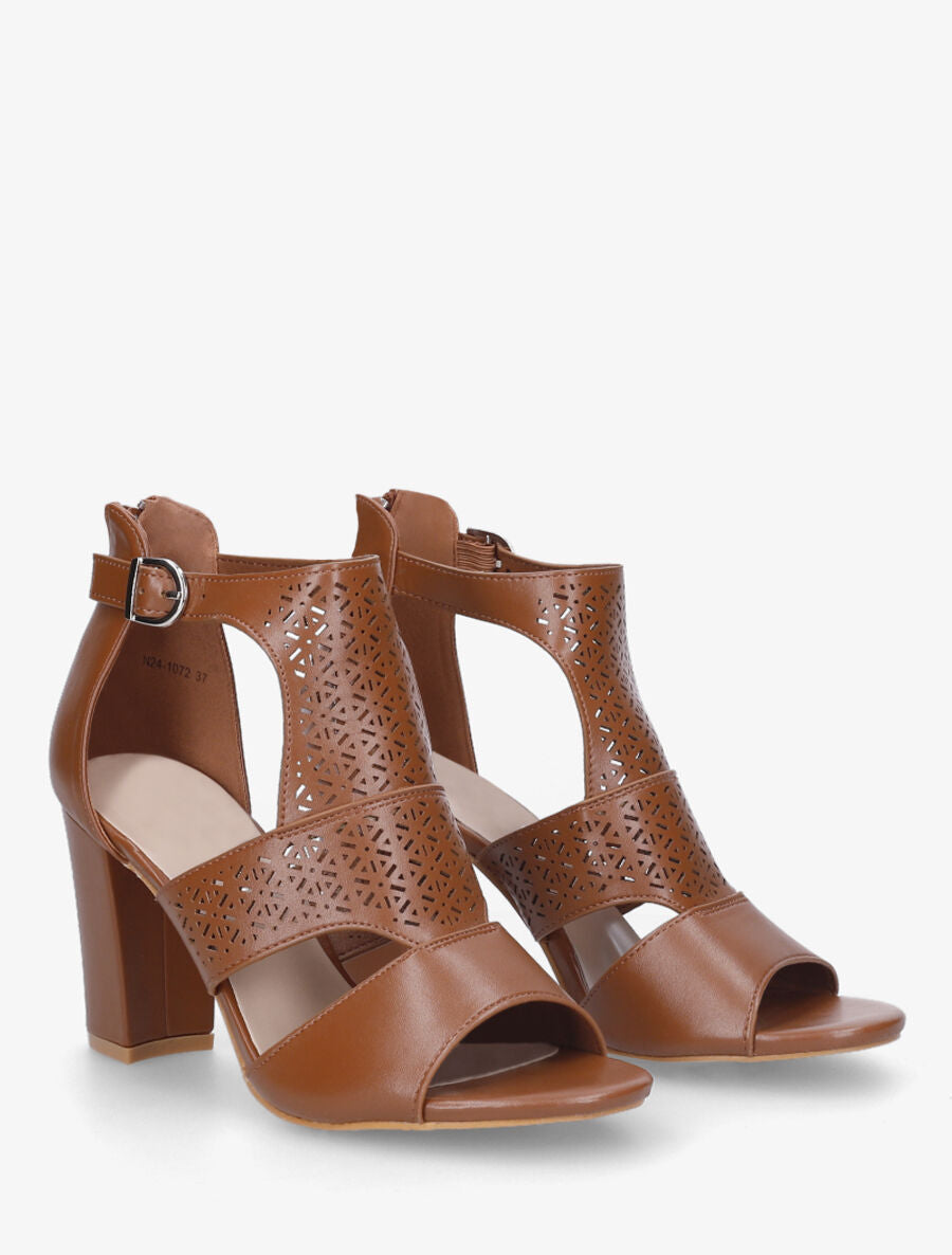 Sandales à talon et bride ajourée en simili - Camel - 5