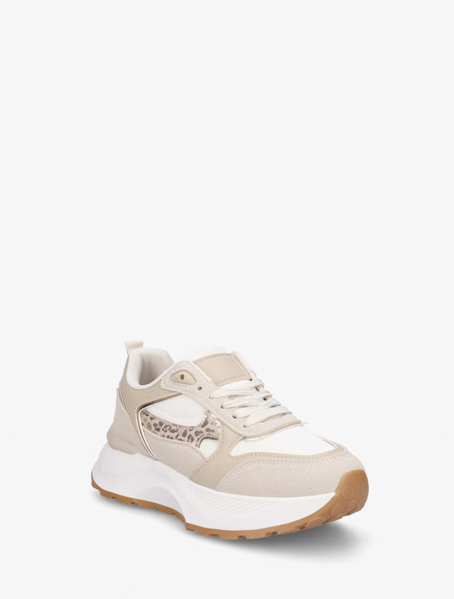Baskets bimatière à détail léopard - Beige - 2