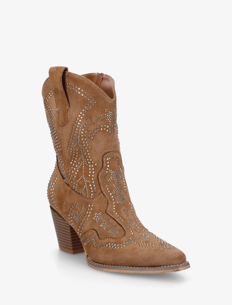 Santiags en suédine à strass - Camel - 2