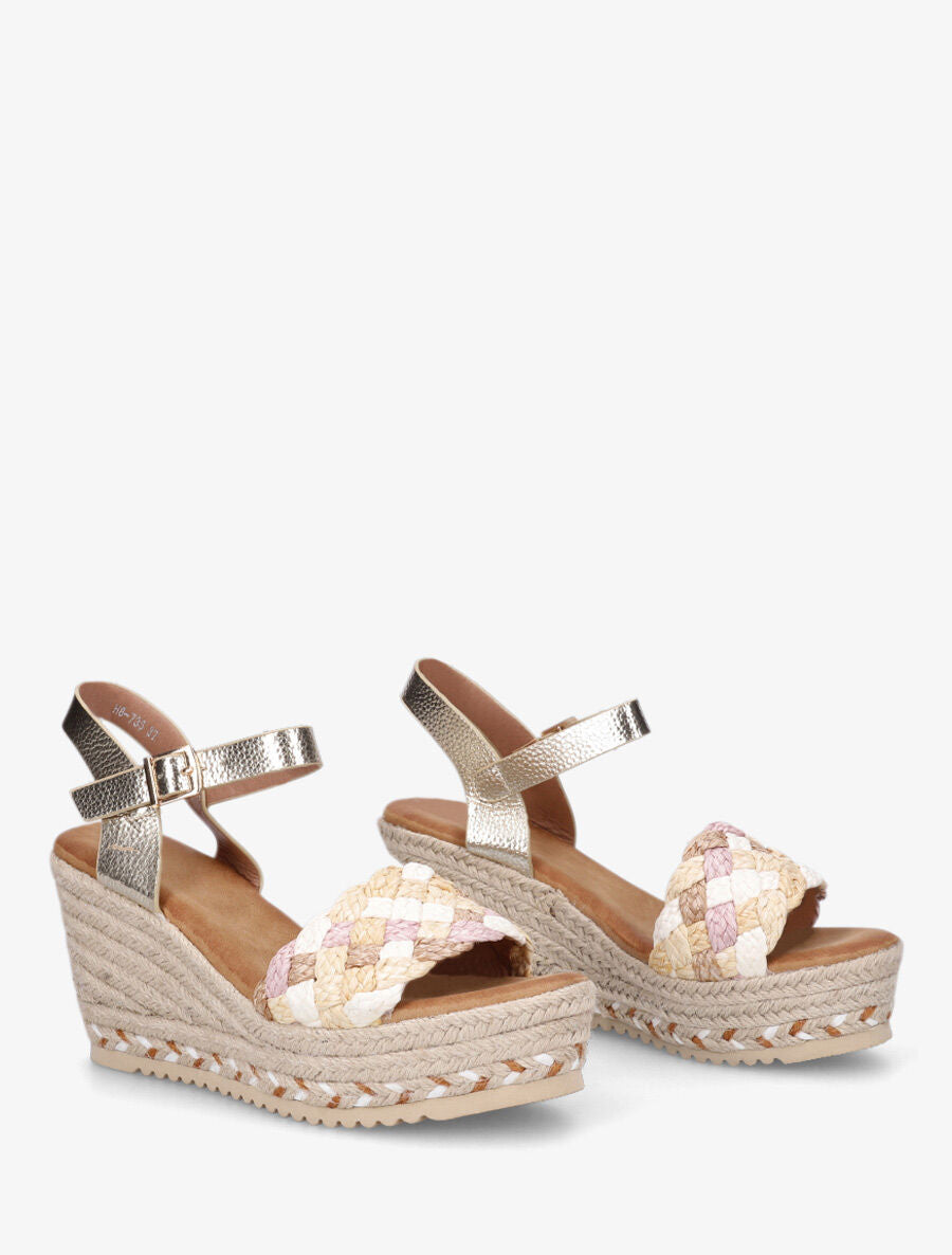Sandales compensées à semelle raphia et brides tressées - Rose - 4