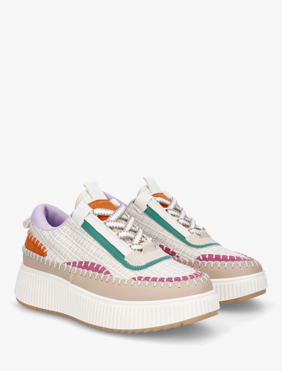 Sneakers à tissu et plaforme strié - Beige - 4