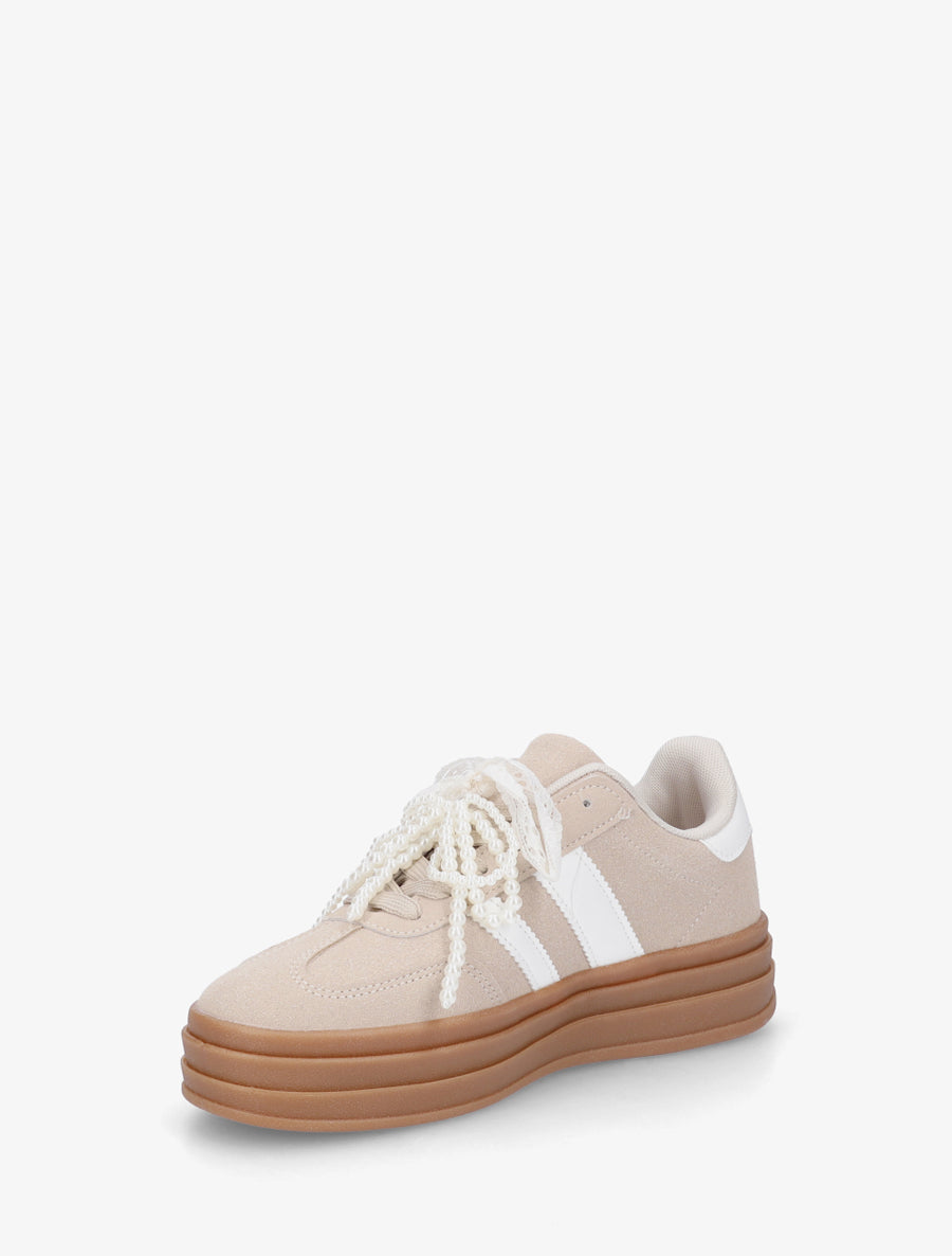 Sneakers effet nubuck à lacets stylisés - Beige - 3