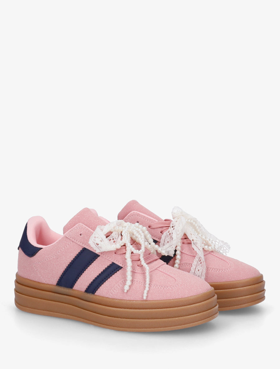 Sneakers effet nubuck à lacets stylisés - Rose - 4
