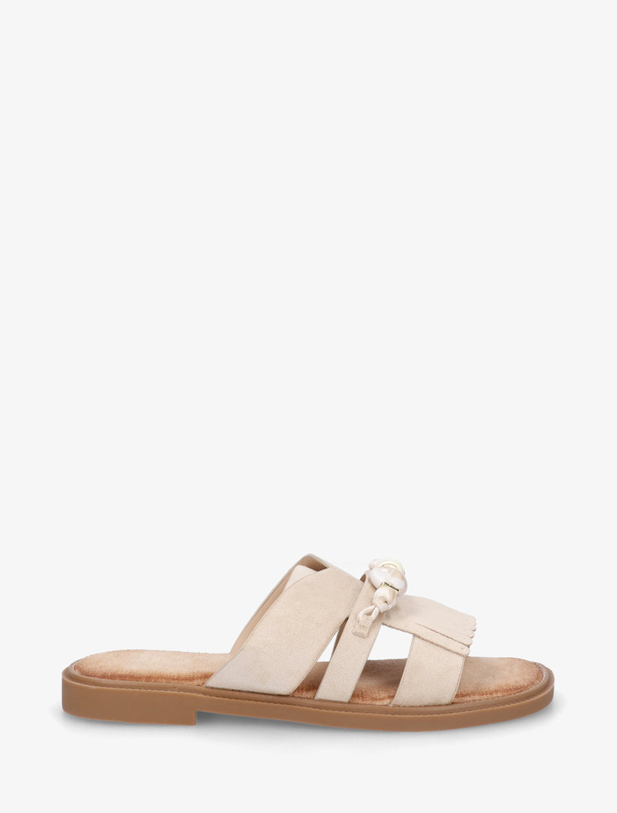 Mules en suédine à franges et perles - Beige - 1
