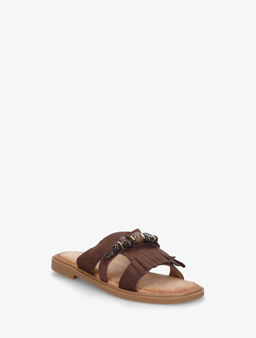 Mules en suédine à franges et perles - Marron - 2