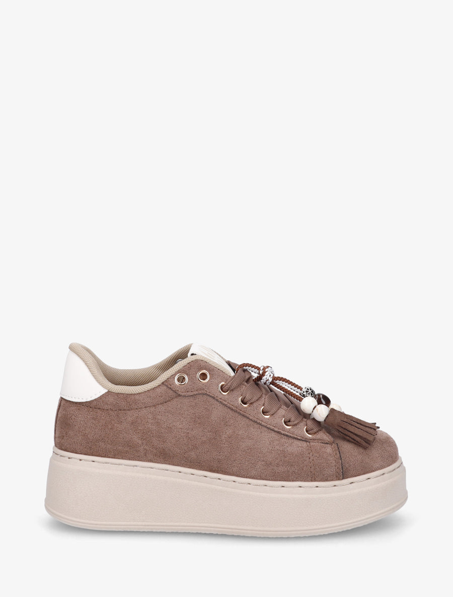 Sneakers en suédine à empiècement perles - Marron - 1