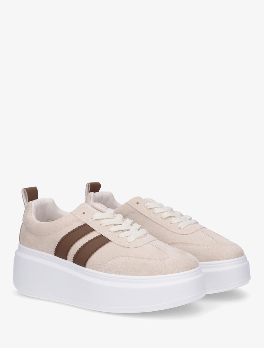 Baskets effet nubuck à bandes - Beige - 4