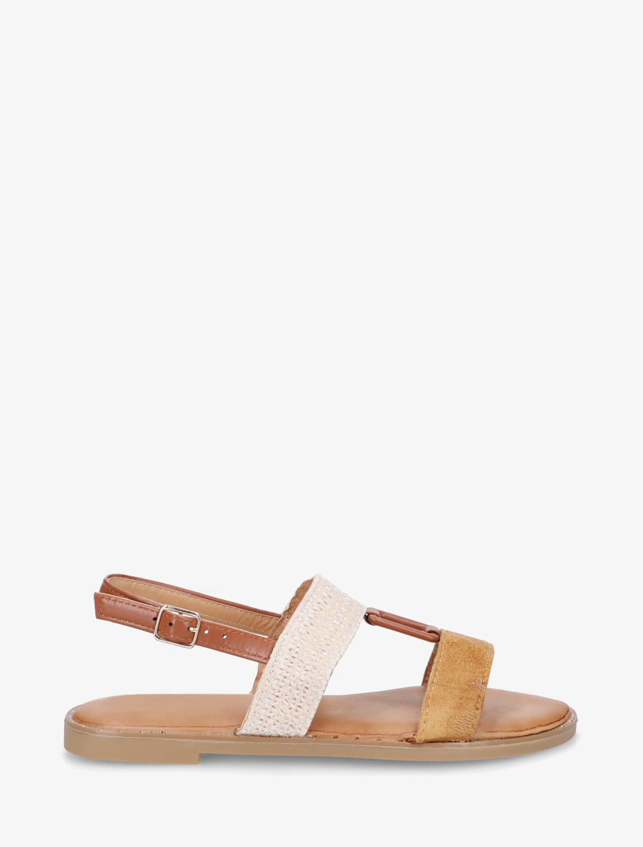 Nu-pieds bi-matière à bijou rectangle - Camel - 1