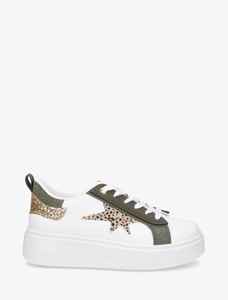 Sneakers en simili à motif étoile imprimé léopard - Kaki - 1