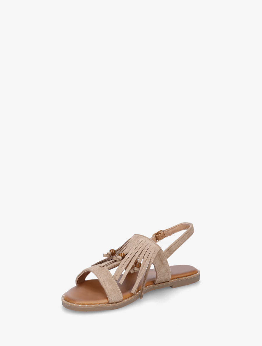 Nu-pieds en suédine à franges et perles - Taupe - 3