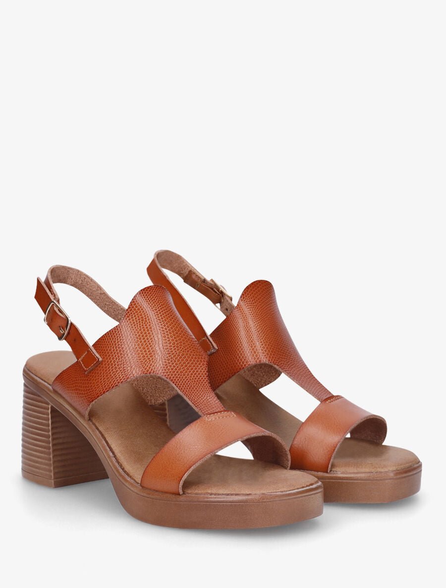 Sandales à talon en simili effet grainé - Camel - 4