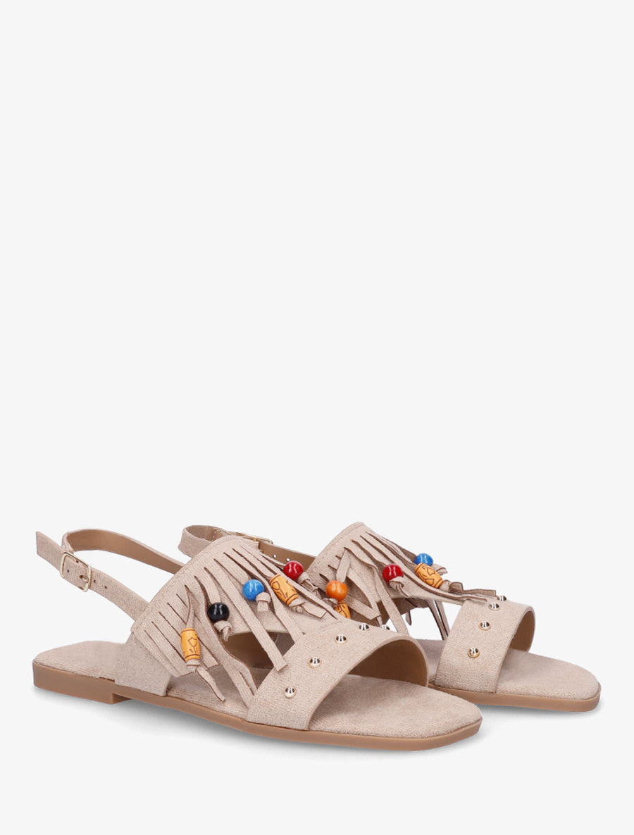 Sandales en suédine à franges et perles de bois - Taupe - 4