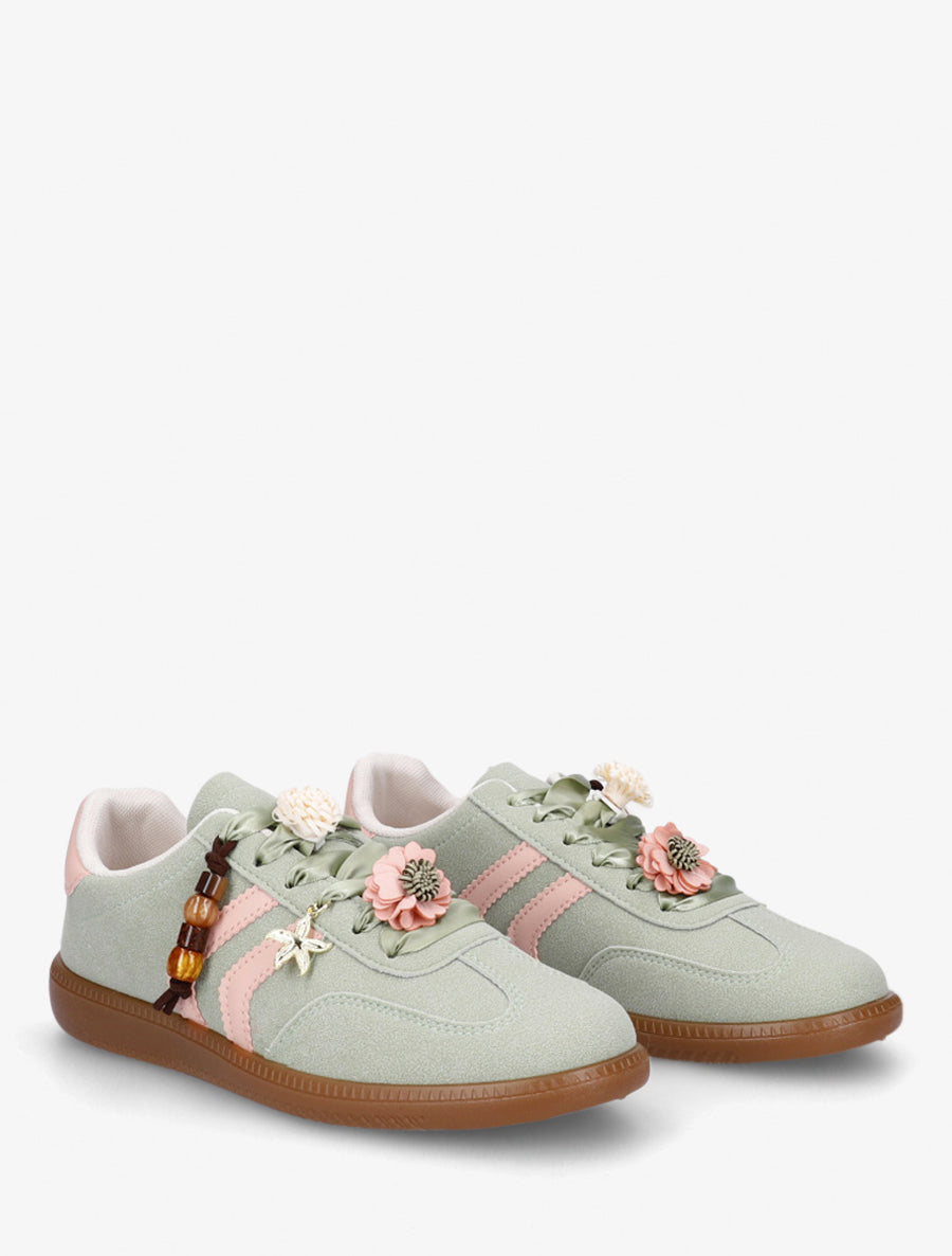 Sneakers à empiècement fleurs et bandes contrastantes - Vert d&
