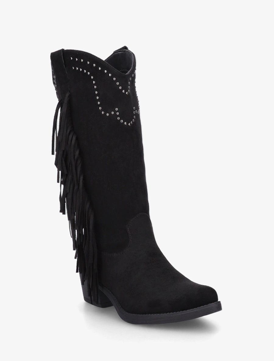 Bottines montantes en suédine à franges et clous - Noir - 2